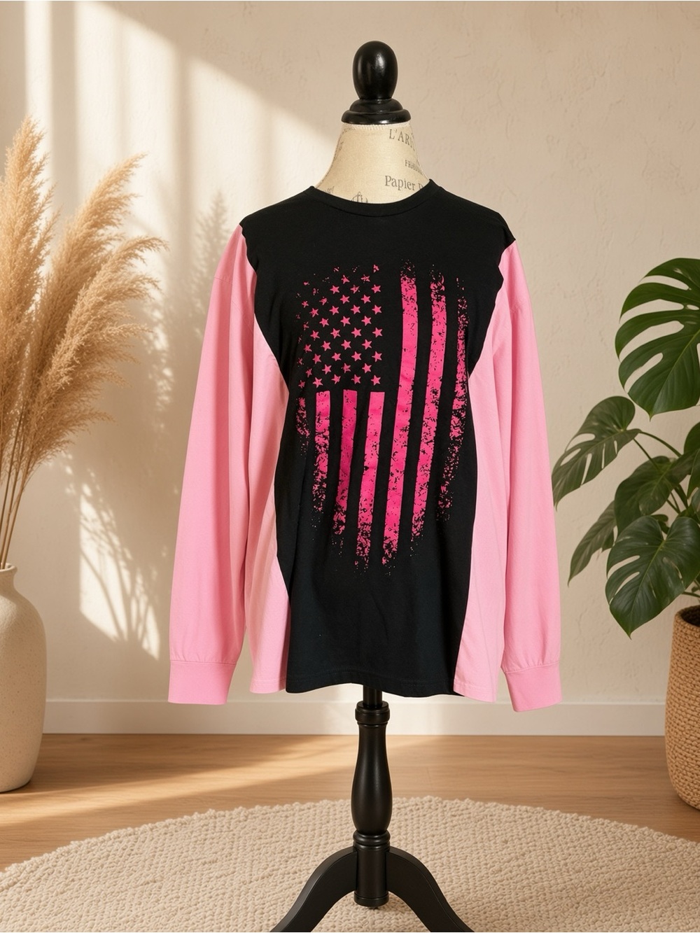 Upcycled Pink Flag Long Sleeve L/XL – 26” PTP – Free Shipping
